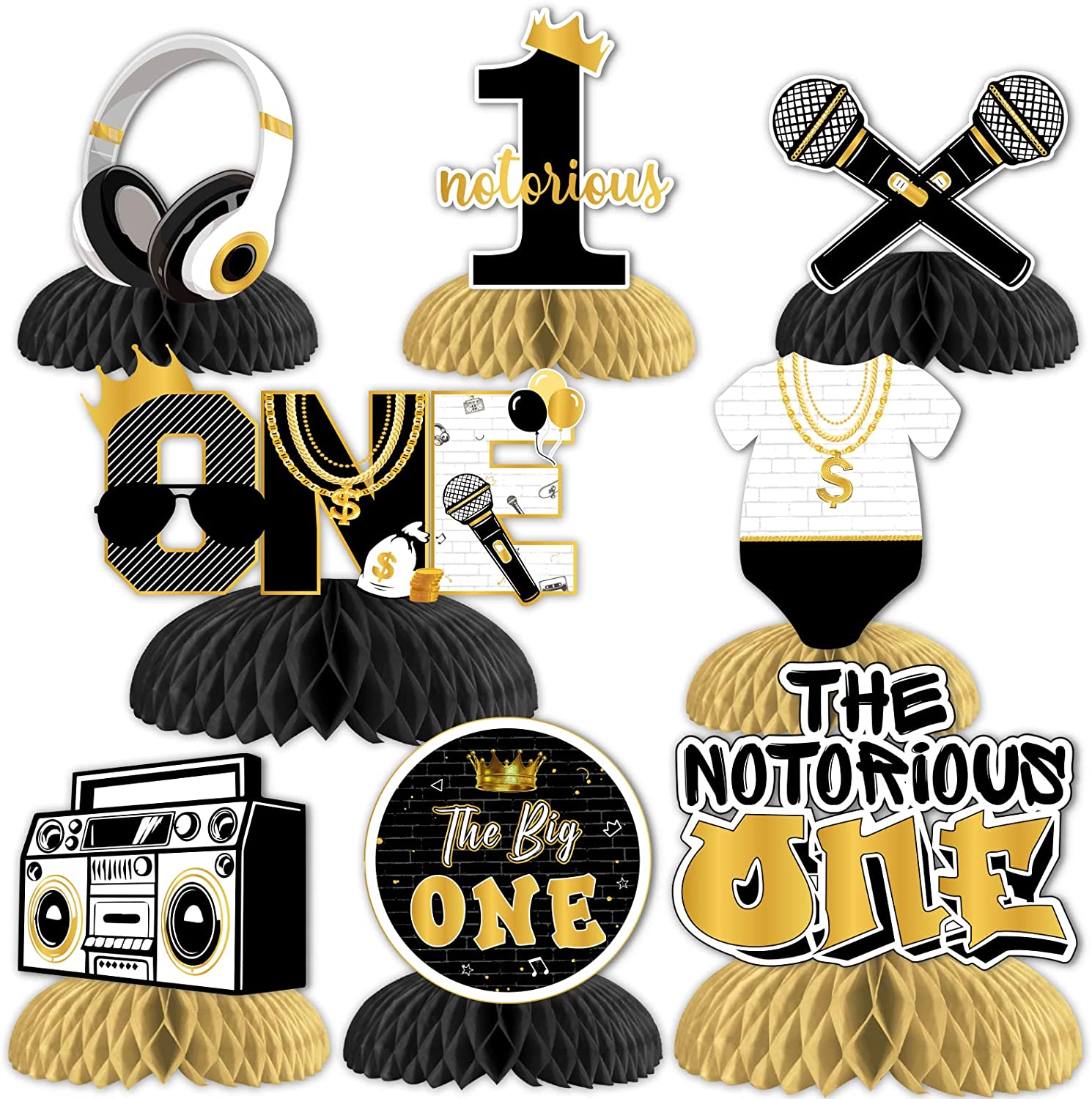 8Pcs The Notorious One Birthday Decorations, Black Gold 1st